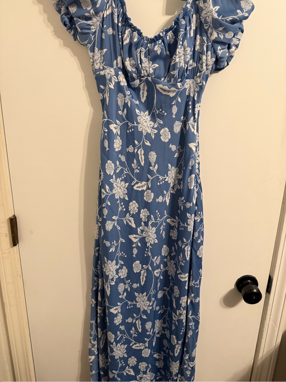 Altar'd State Blue and White Floral Maxi Dress with Puff Sleeves